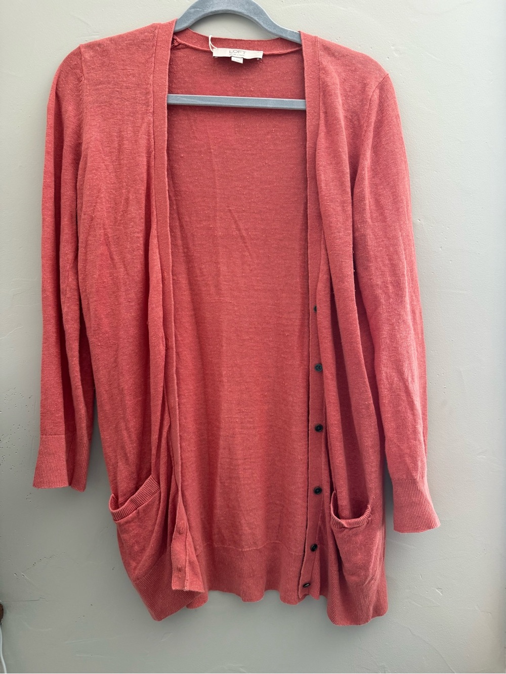 LOFT Coral Open-Front Long Cardigan with Pockets